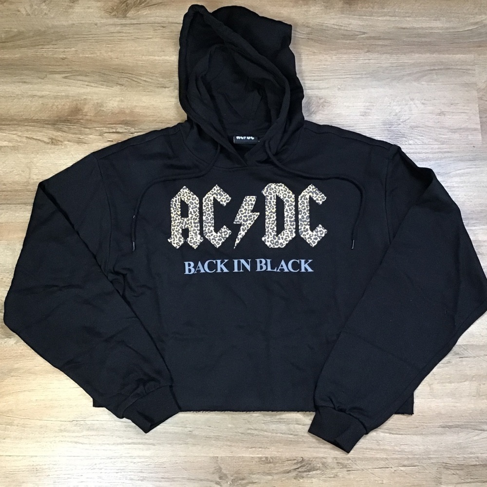 NWT AC/DC Size L Hoodie Sweatshirt Graphic Band Cheetah Print Black